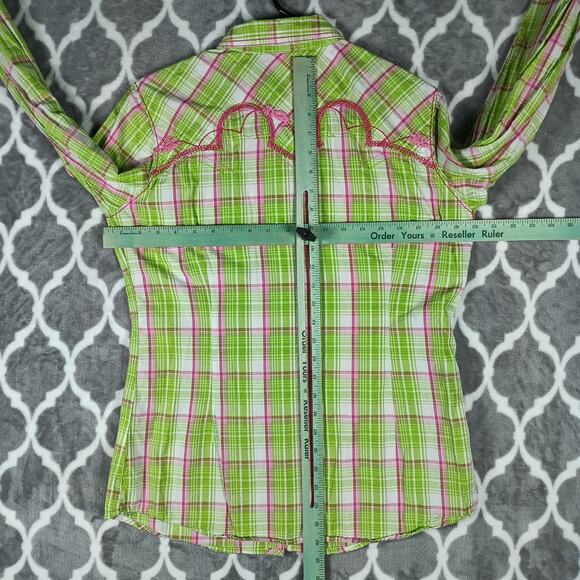 Ariat Shirt Womens Large Green Pink Plaid Fitted Western Pearl Snap Embroidered - Picture 6 of 14